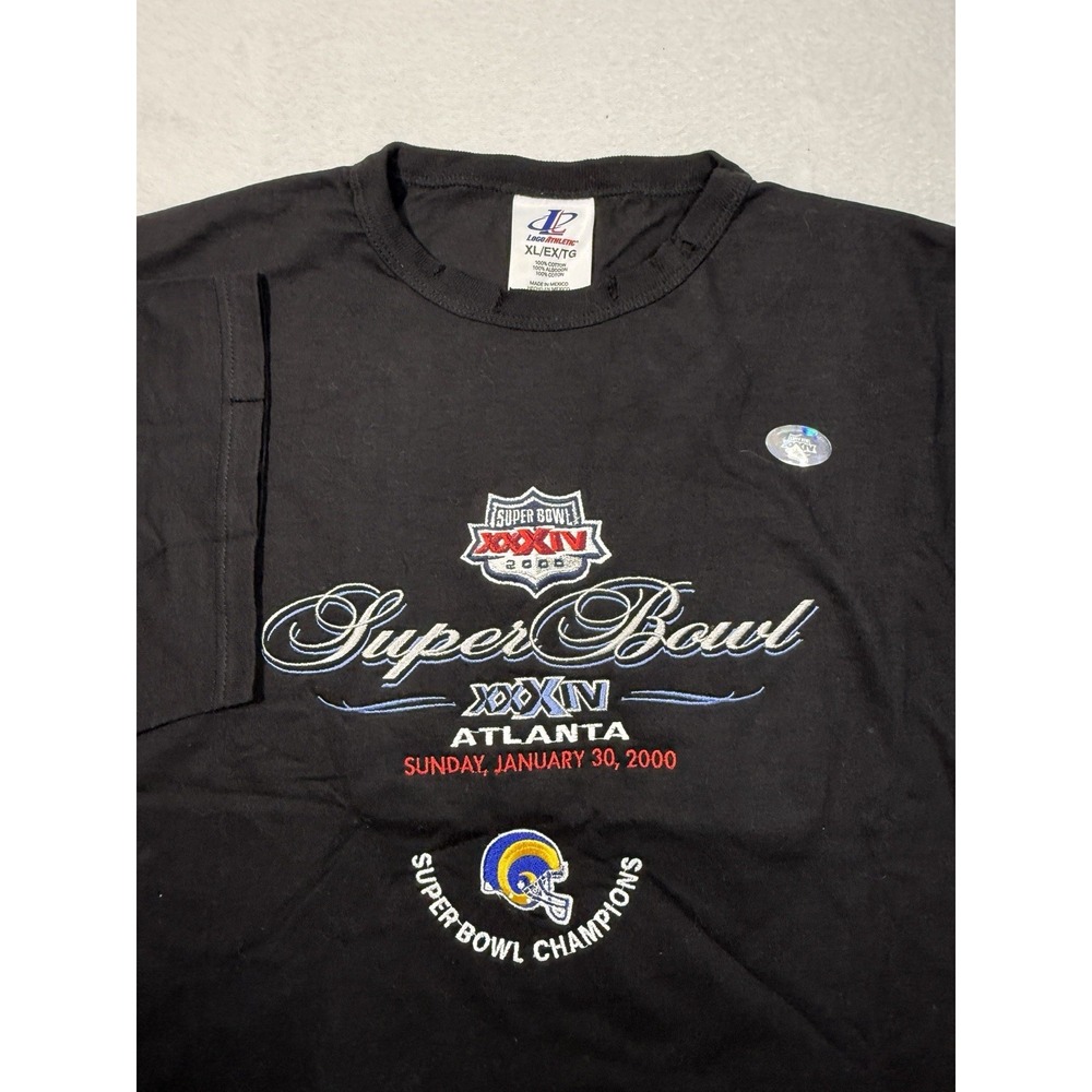 Super Bowl XXXIV Rams Champions T Shirt Logo Athletic XL Embroidered FLAW READ